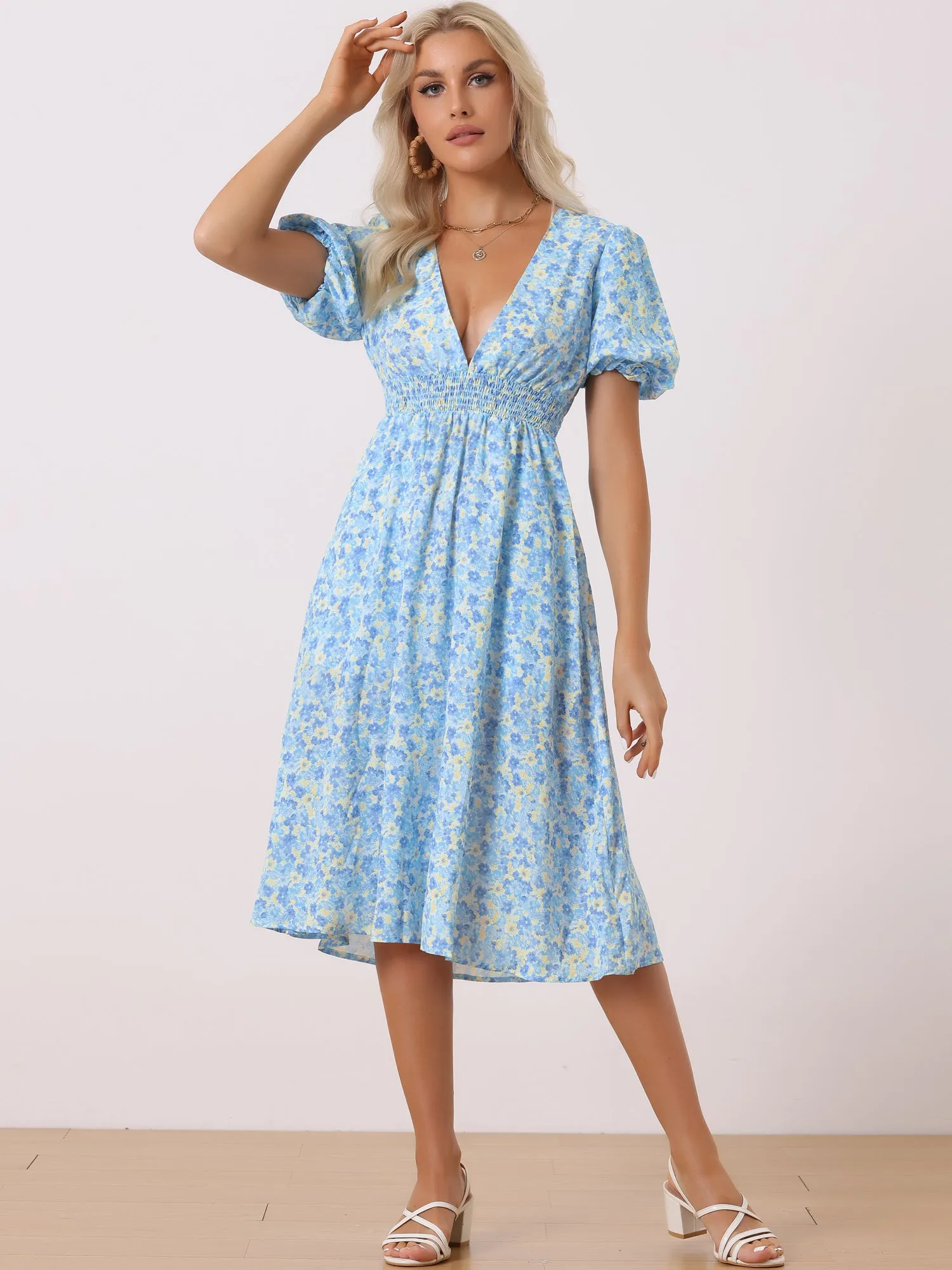 Floral V Neck Puff Sleeves Casual Smocked Waist Midi Dress sold by Allegra K product image thumbnail 2