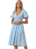 Floral V Neck Puff Sleeves Casual Smocked Waist Midi Dress sold by Allegra K