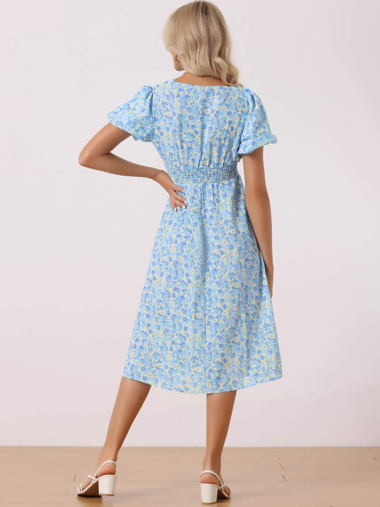 Floral V Neck Puff Sleeves Casual Smocked Waist Midi Dress sold by Allegra K product image thumbnail 3