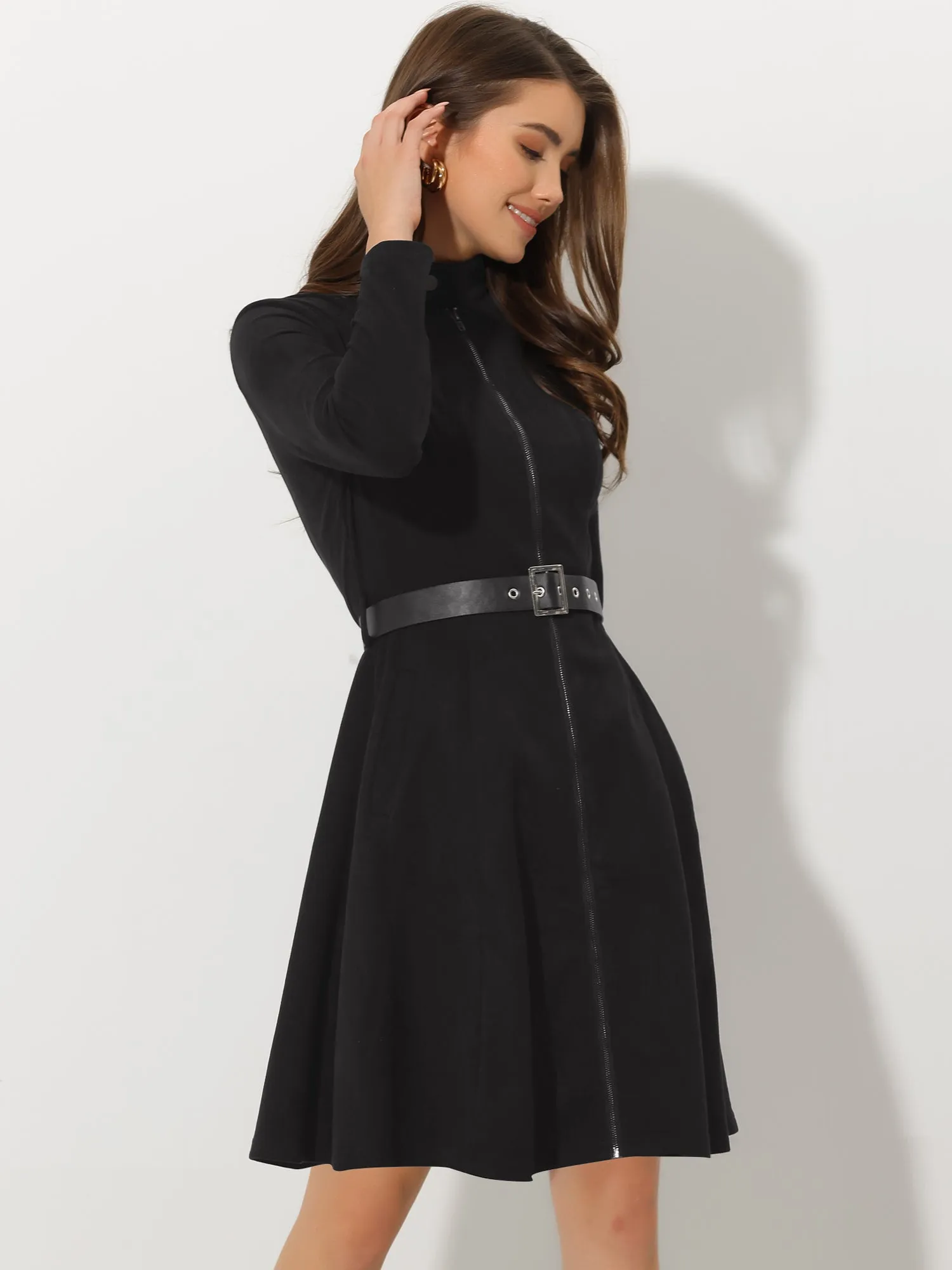Faux Suede Stand Collar Zip Up Belted Vintage Dress sold by Allegra K