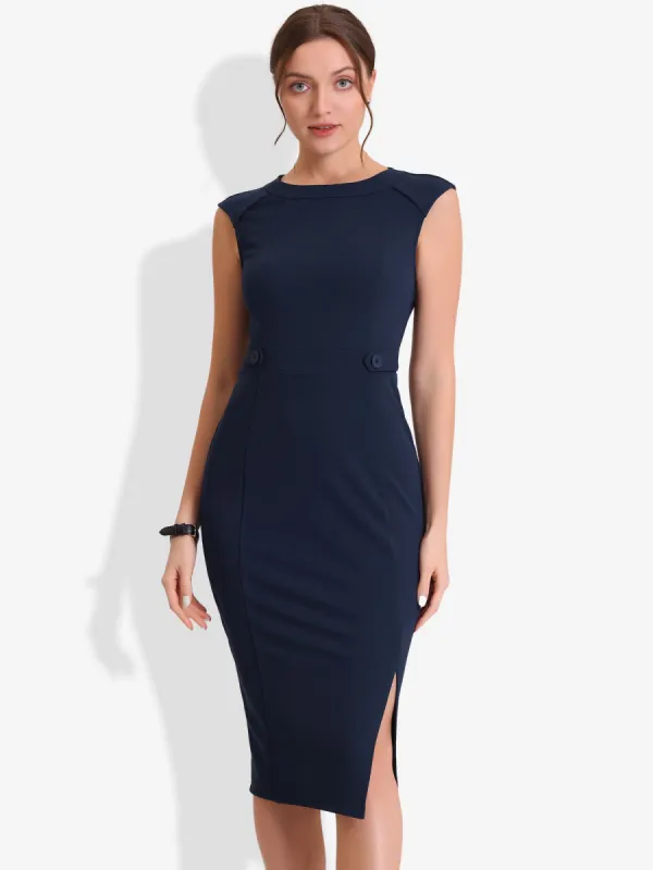Round Neck Slim Fit Sleeveless Split Work Pencil Sheath Dress sold by Allegra K