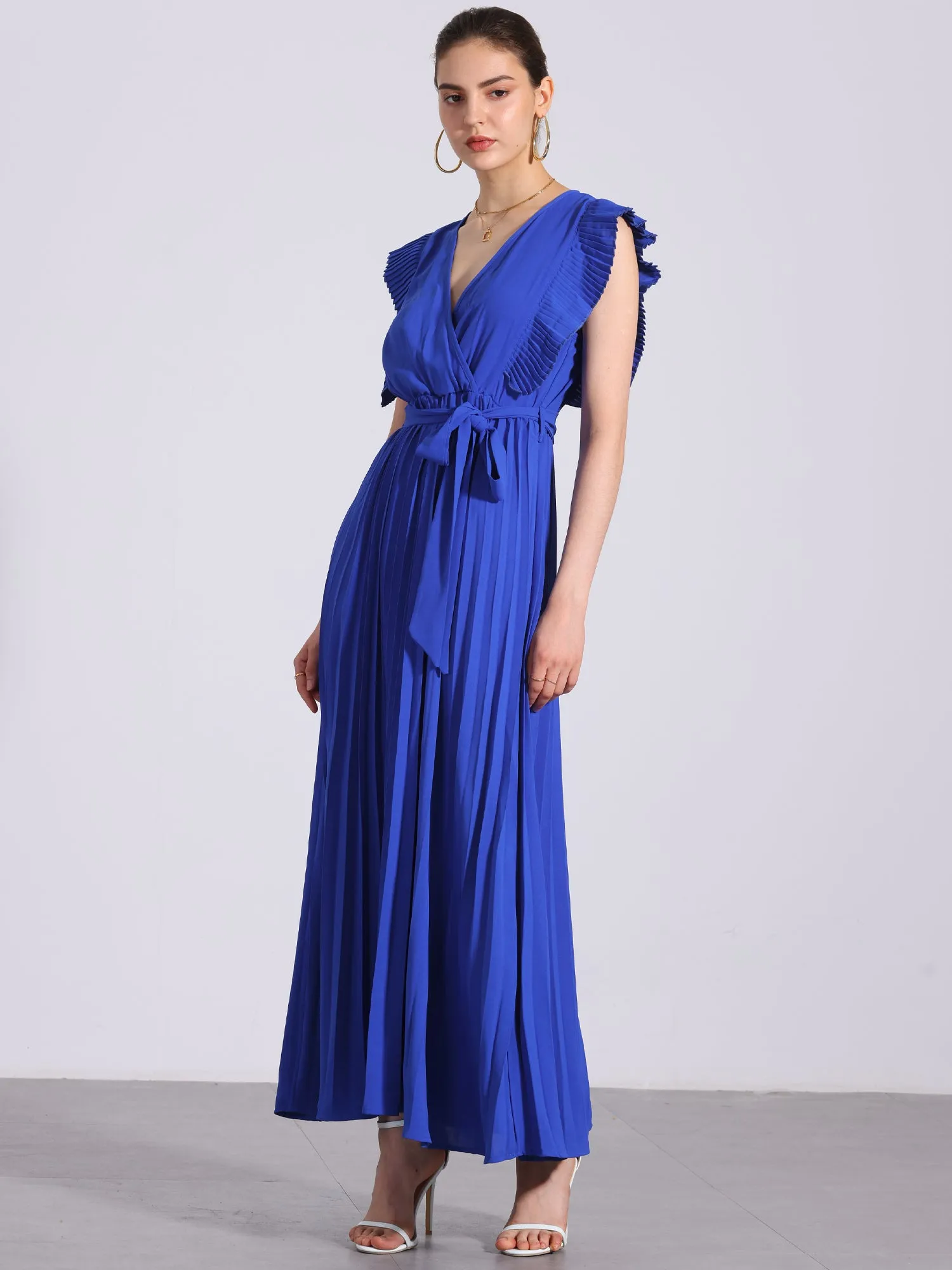 V Neck Short Sleeves Lace-Up Belted Pleated Maxi Dress sold by Allegra K product image thumbnail 5