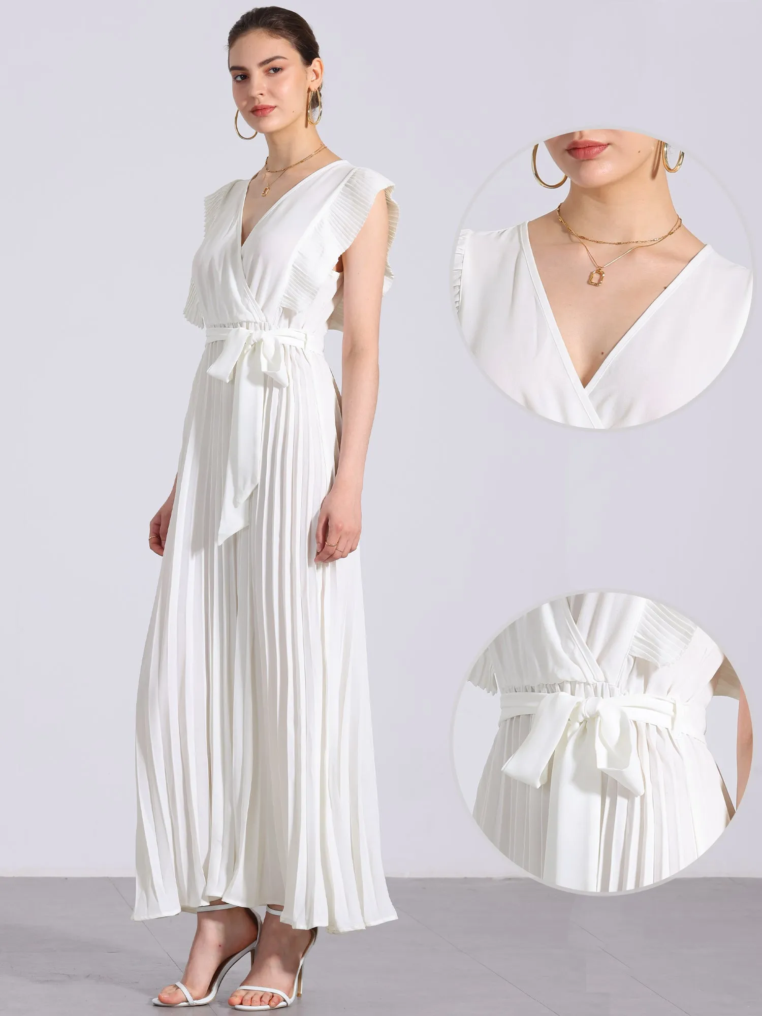 V Neck Short Sleeves Lace-Up Belted Pleated Maxi Dress sold by Allegra K product image thumbnail 2