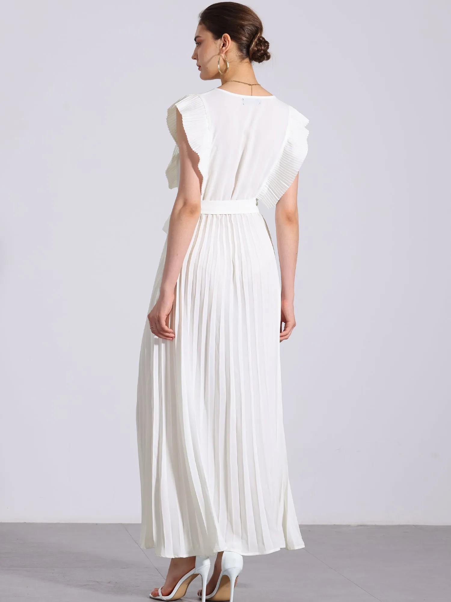 V Neck Short Sleeves Lace-Up Belted Pleated Maxi Dress sold by Allegra K product image thumbnail 3