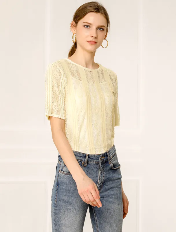 Floral Lace Semi Sheer Short Sleeve Vintage Tops Shirt sold by Allegra K
