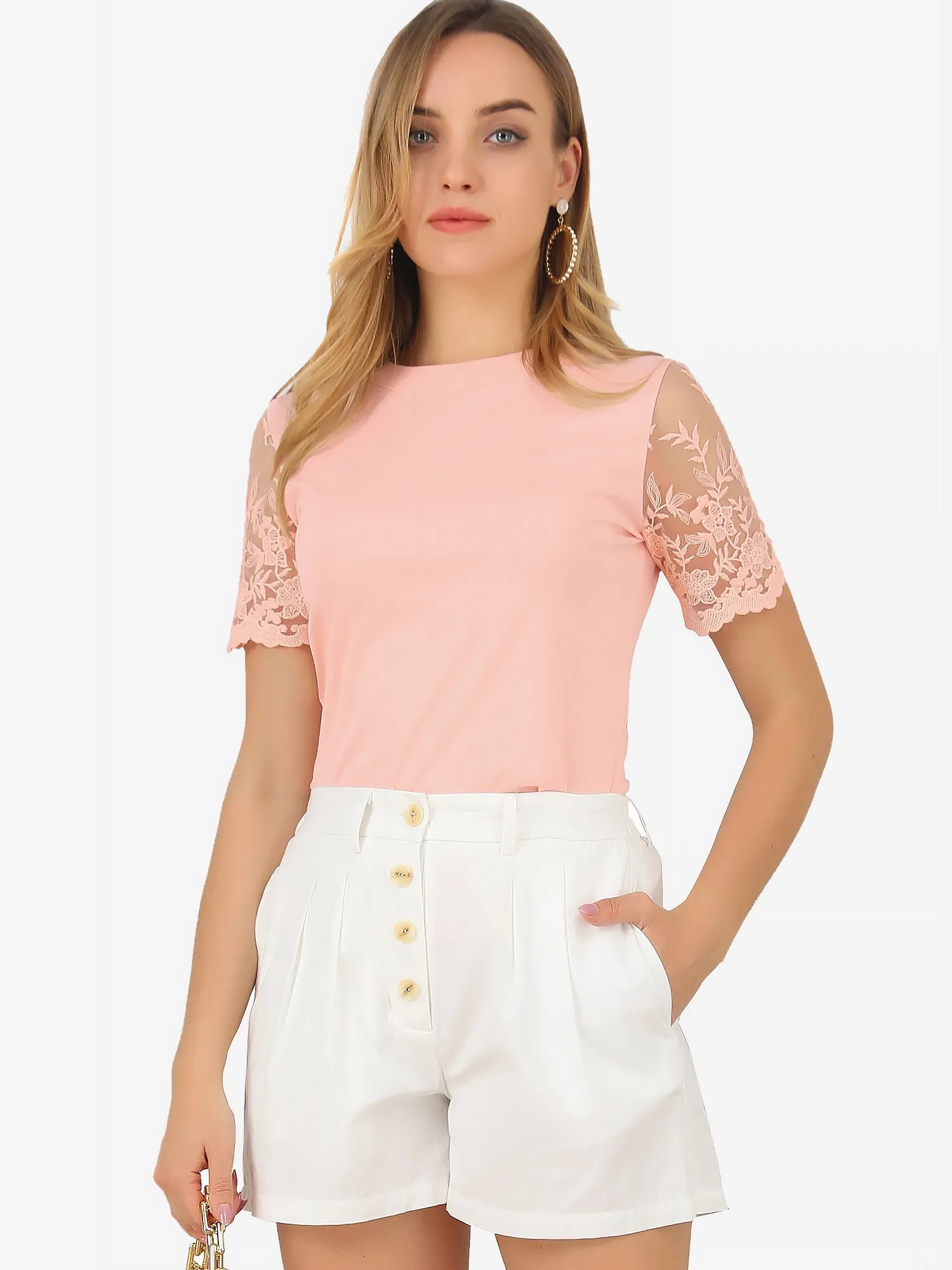 Floral Lace Short Sleeve T-Shirt Casual Round Neck Knit Blouse Top sold by Allegra K