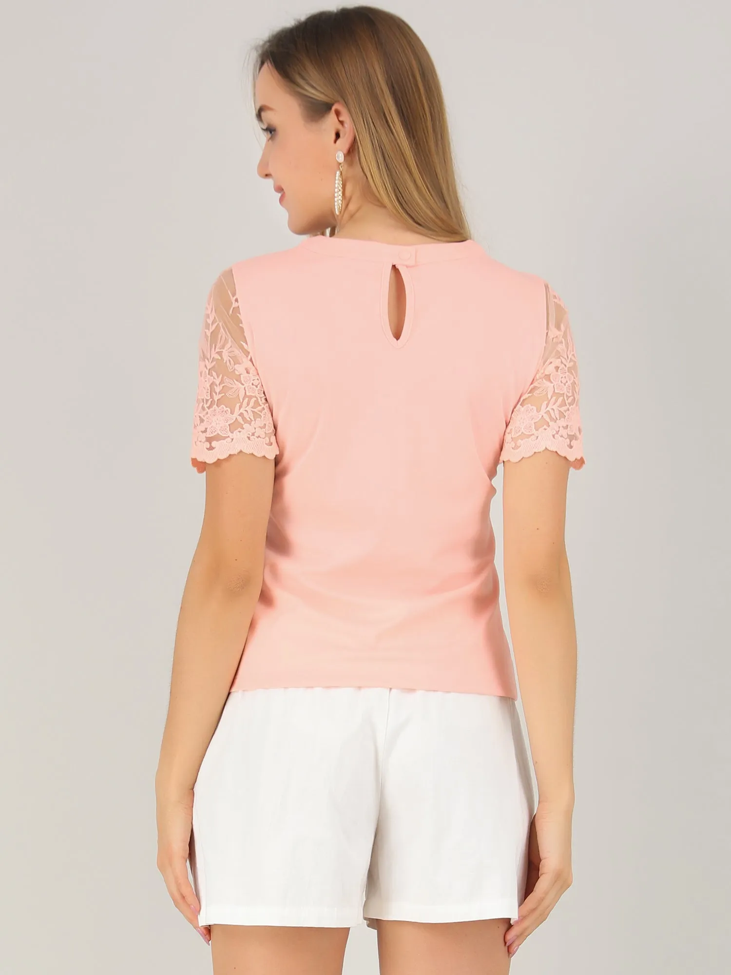 Floral Lace Short Sleeve T-Shirt Casual Round Neck Knit Blouse Top sold by Allegra K product image thumbnail 5