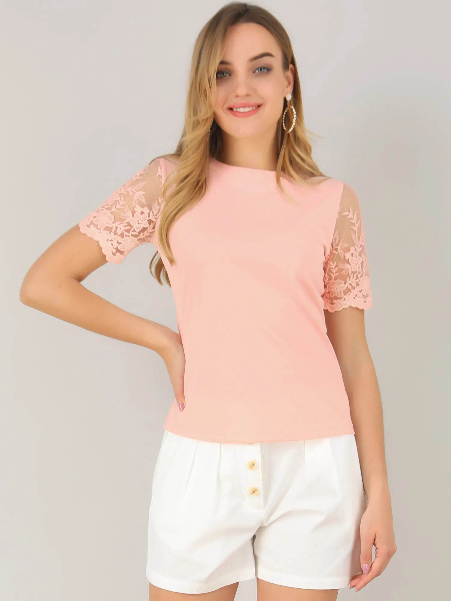 Floral Lace Short Sleeve T-Shirt Casual Round Neck Knit Blouse Top sold by Allegra K product image thumbnail 3