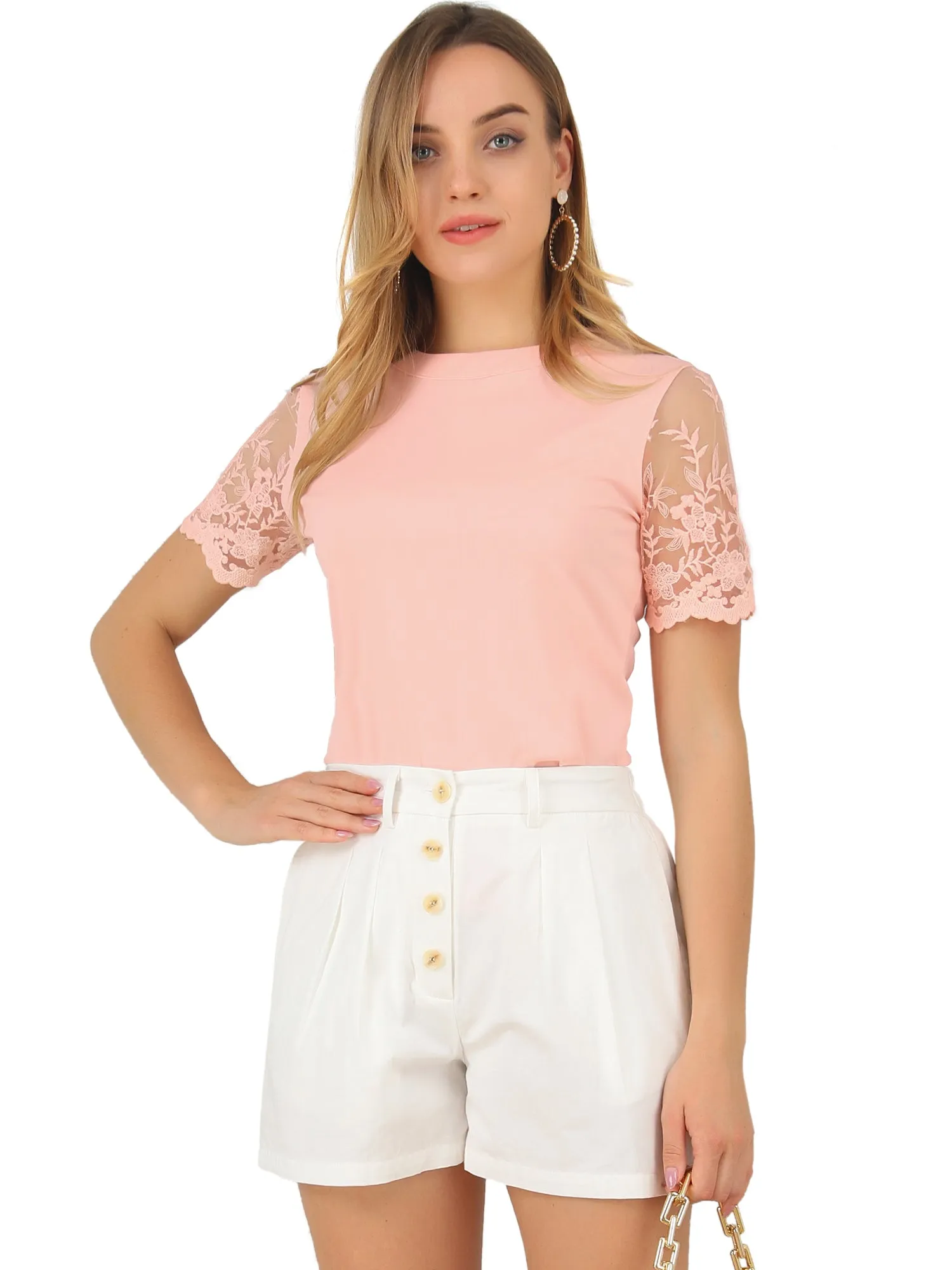 Floral Lace Short Sleeve T-Shirt Casual Round Neck Knit Blouse Top sold by Allegra K product image thumbnail 2
