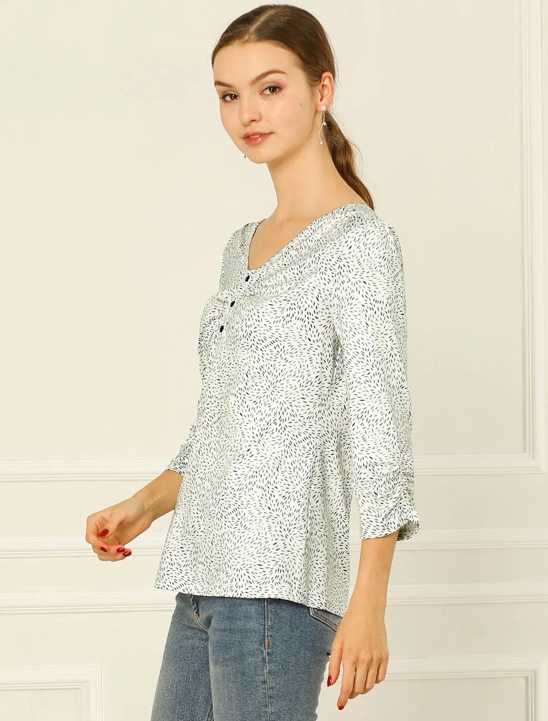 3/4 Sleeve V Neck Ruched Printed Casual Tops sold by Allegra K product image thumbnail 3