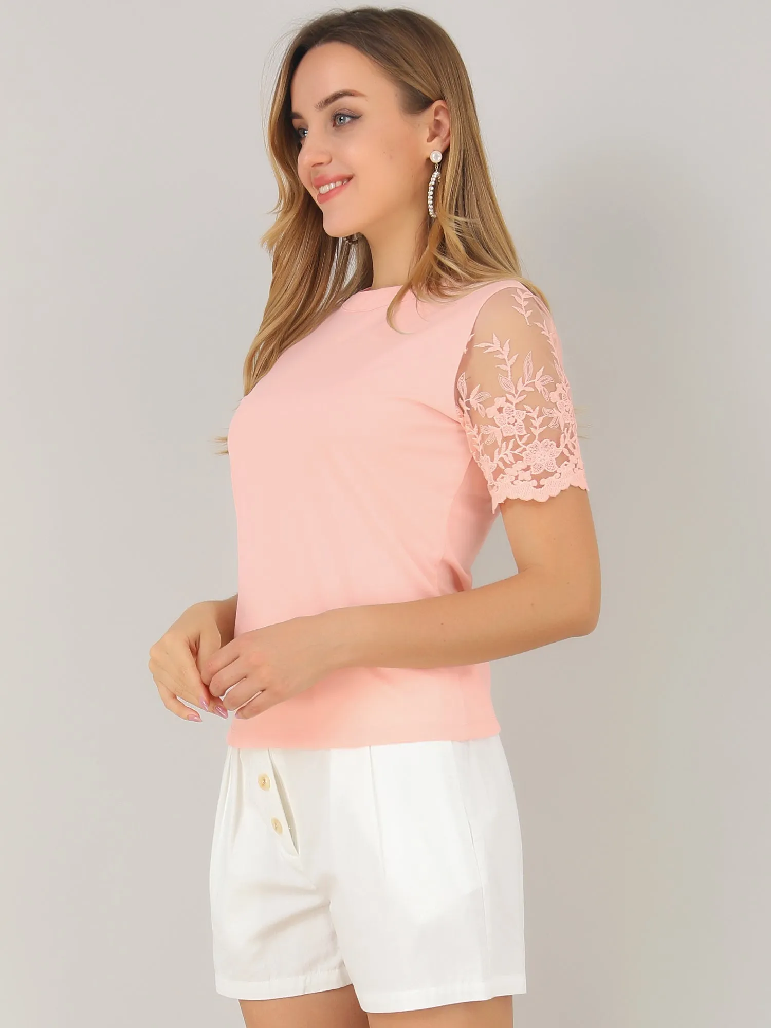 Floral Lace Short Sleeve T-Shirt Casual Round Neck Knit Blouse Top sold by Allegra K product image thumbnail 4