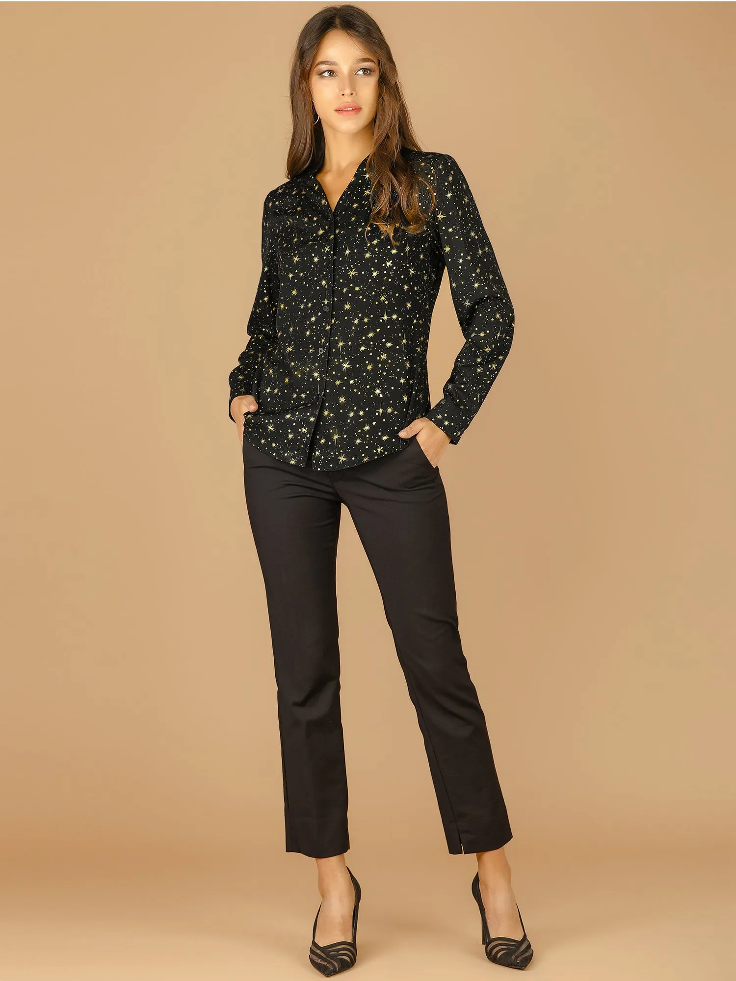 Woven Straight Line Matellic Stars Lapel Long Sleeve Shirt sold by Allegra K product image thumbnail 4