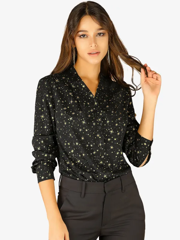 Woven Straight Line Matellic Stars Lapel Long Sleeve Shirt sold by Allegra K