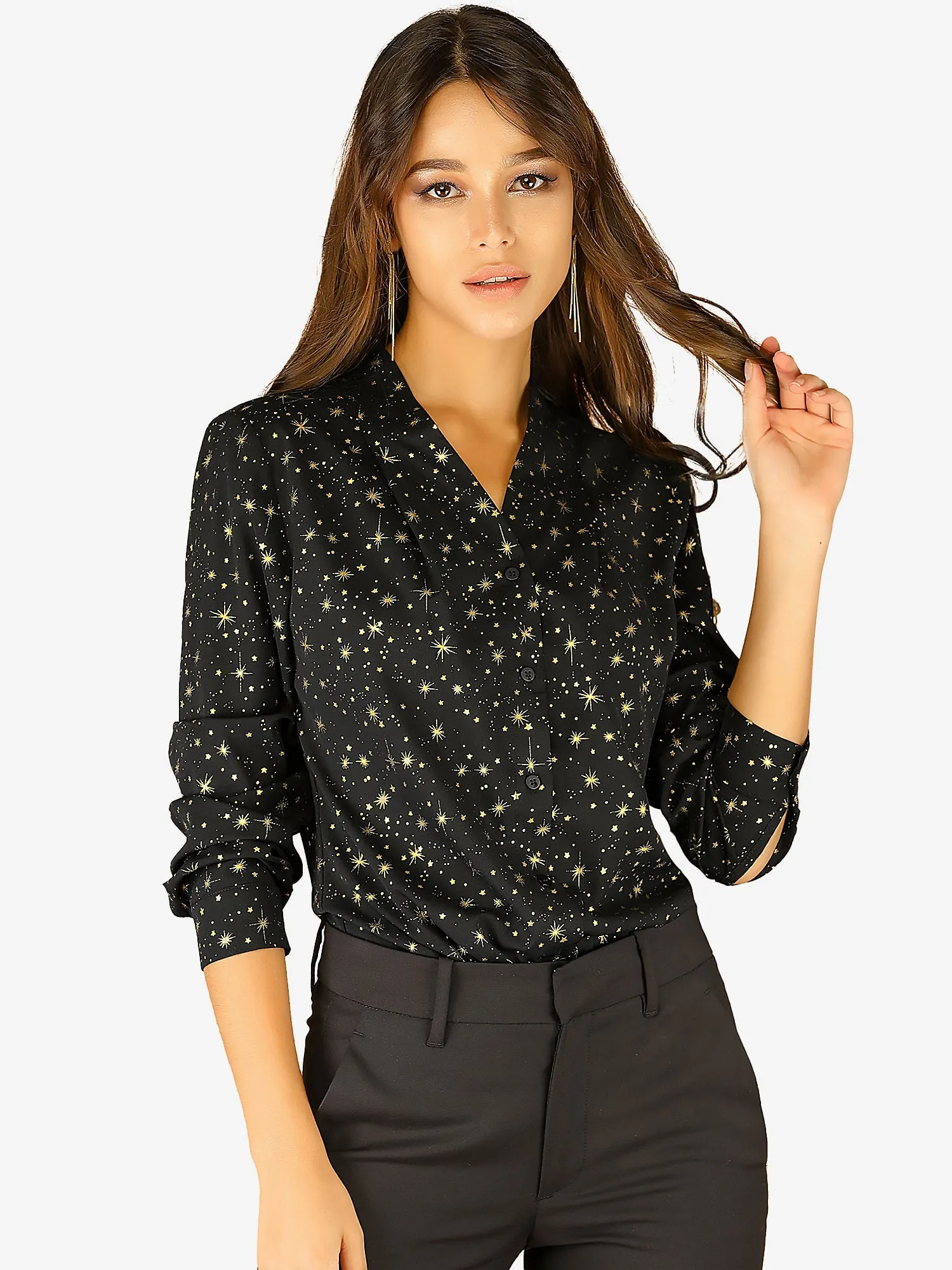 Woven Straight Line Matellic Stars Lapel Long Sleeve Shirt sold by Allegra K