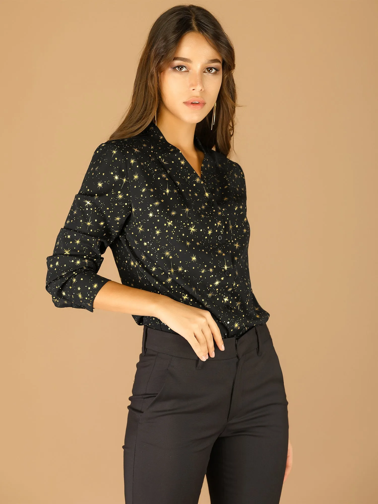 Woven Straight Line Matellic Stars Lapel Long Sleeve Shirt sold by Allegra K product image thumbnail 3