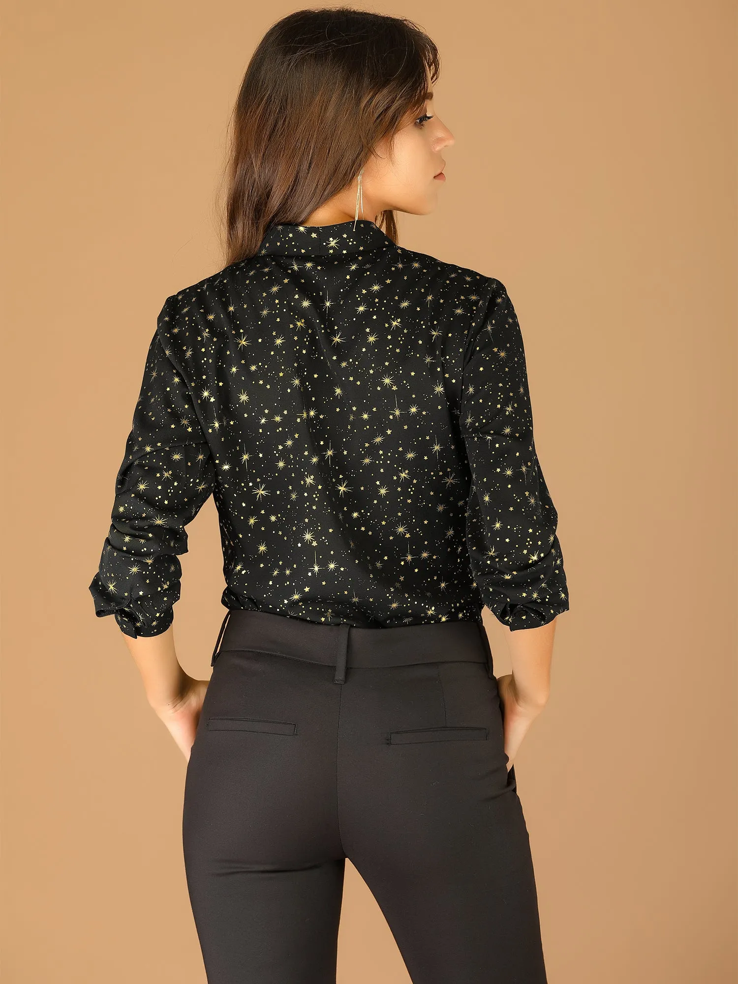 Woven Straight Line Matellic Stars Lapel Long Sleeve Shirt sold by Allegra K product image thumbnail 5