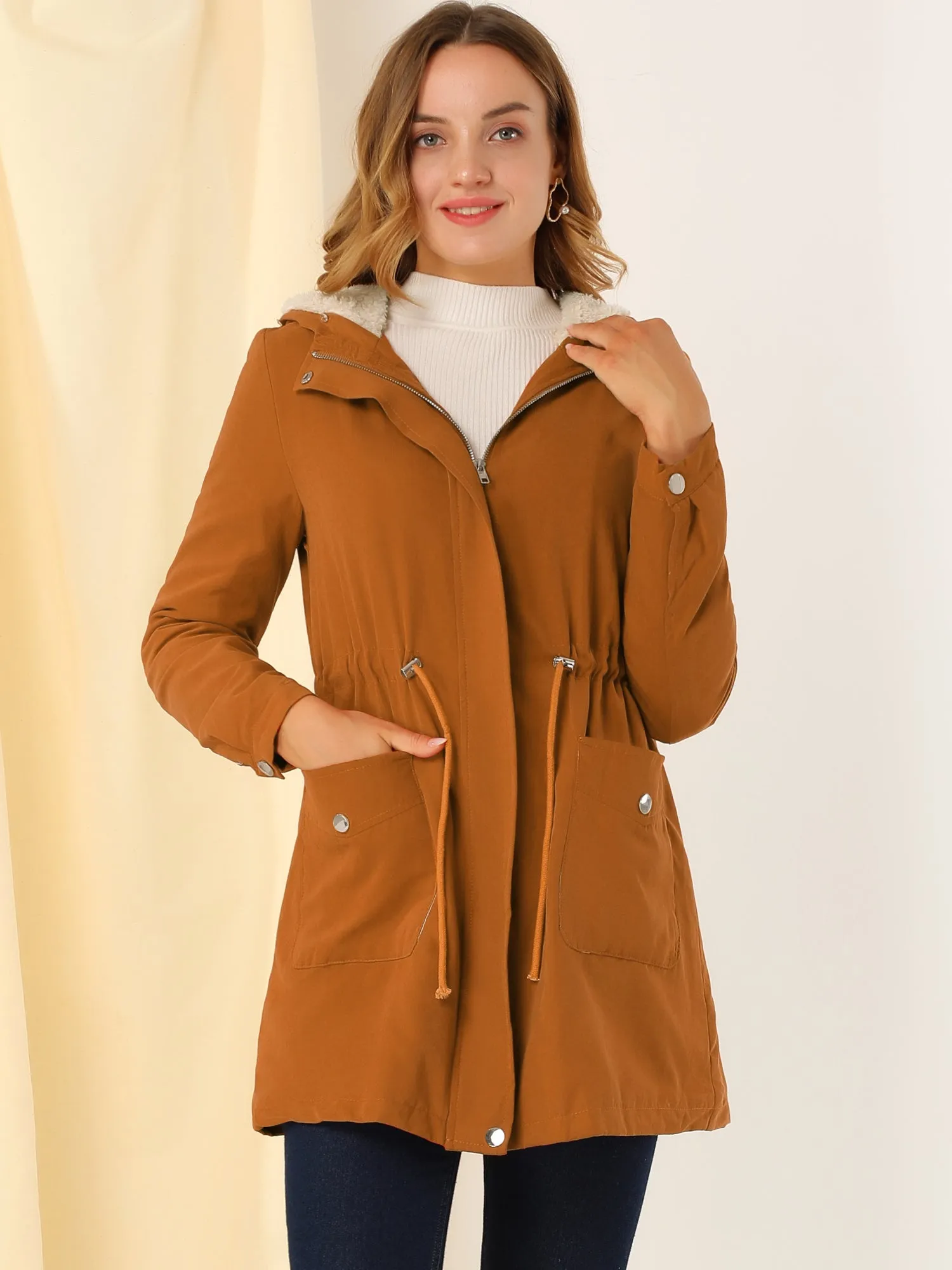 Parka Coat Tie Waist Pockets Faux Fur Hooded Jacket sold by Allegra K product image thumbnail 2
