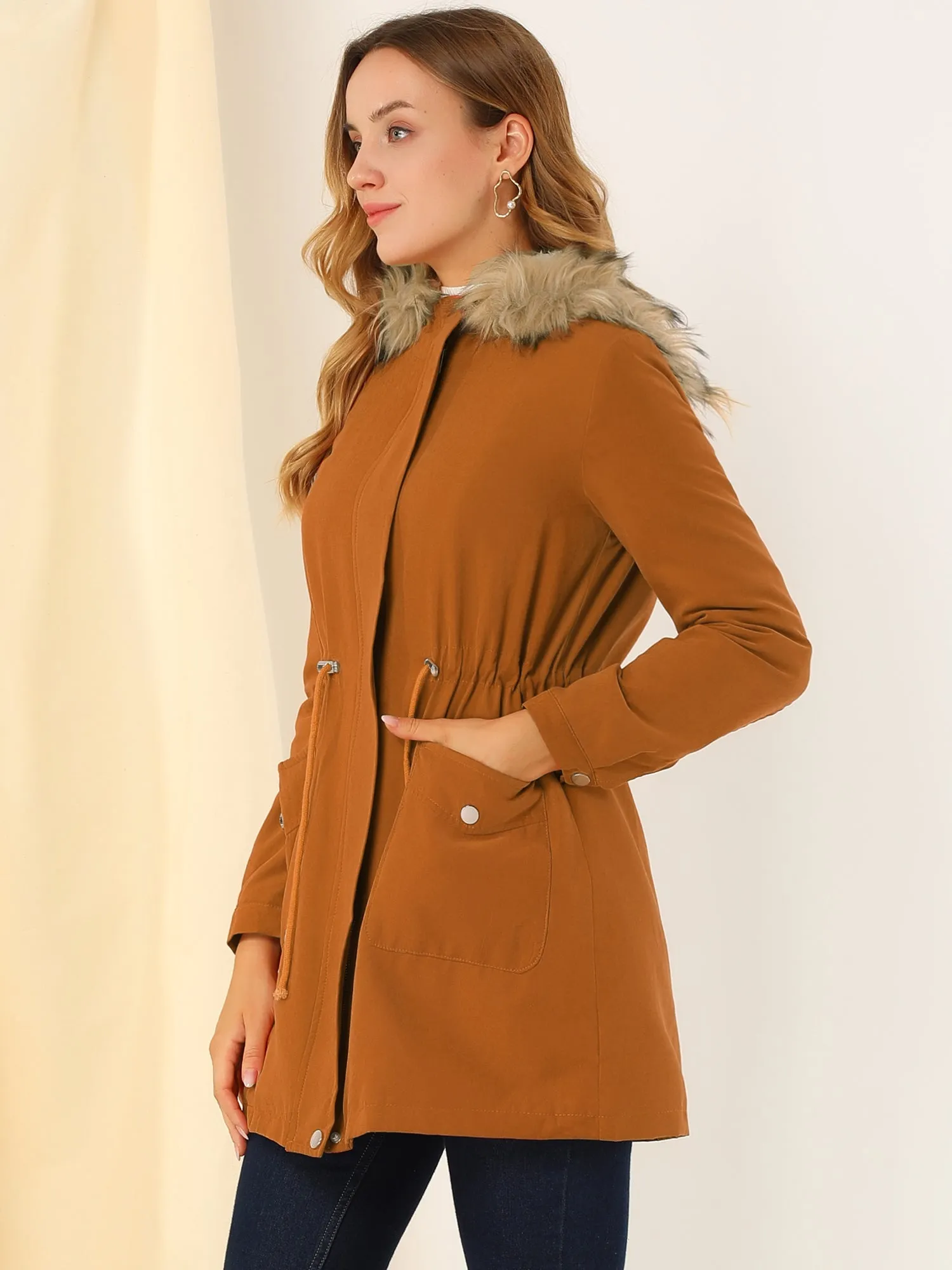 Parka Coat Tie Waist Pockets Faux Fur Hooded Jacket sold by Allegra K product image thumbnail 4