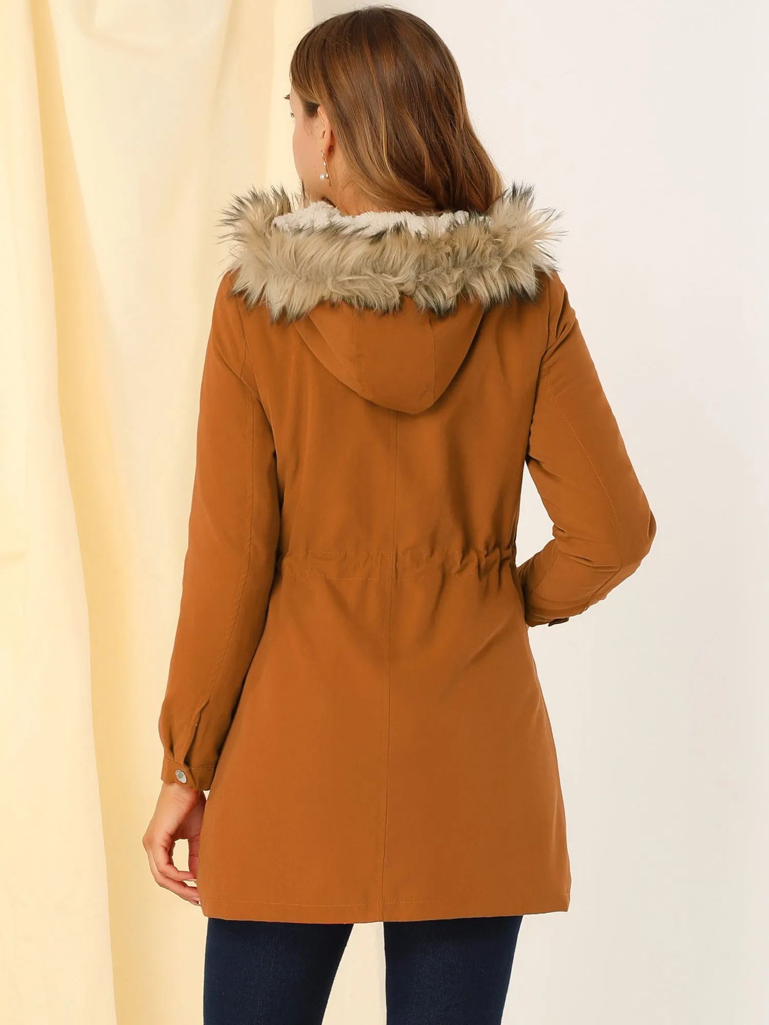 Parka Coat Tie Waist Pockets Faux Fur Hooded Jacket sold by Allegra K product image thumbnail 5