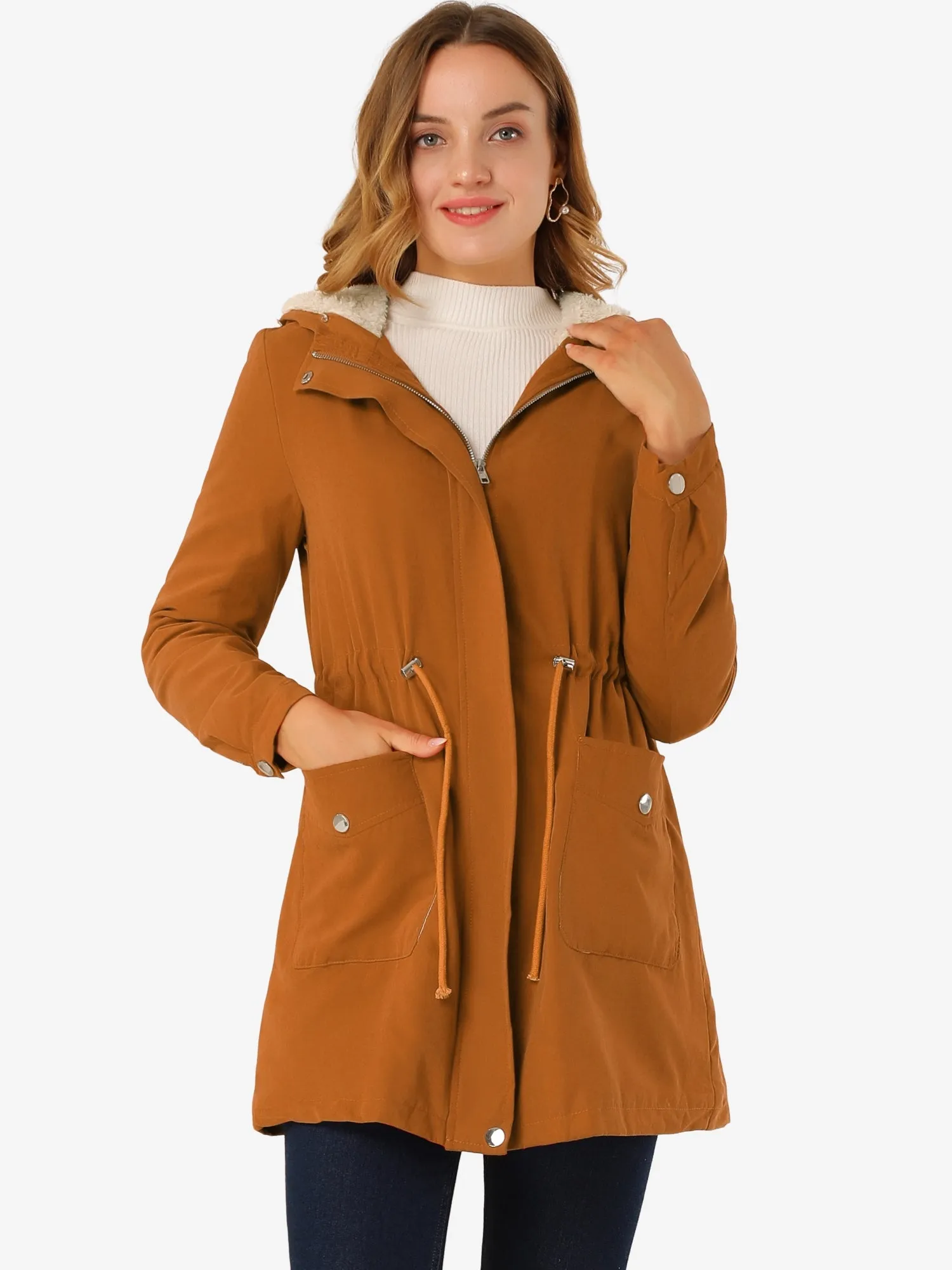 Parka Coat Tie Waist Pockets Faux Fur Hooded Jacket sold by Allegra K