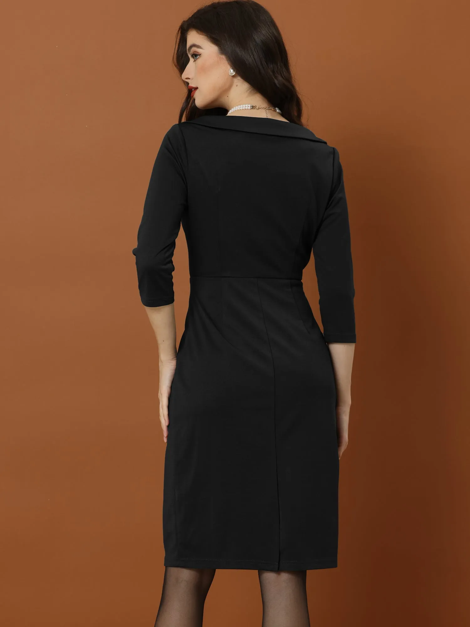 Elegant High Waist Square Neck 3/4 Sleeve Button Front Midi Dress sold by Allegra K product image thumbnail 3