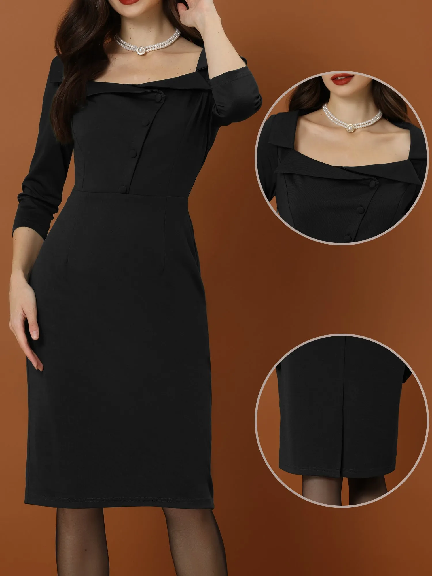 Elegant High Waist Square Neck 3/4 Sleeve Button Front Midi Dress sold by Allegra K product image thumbnail 2