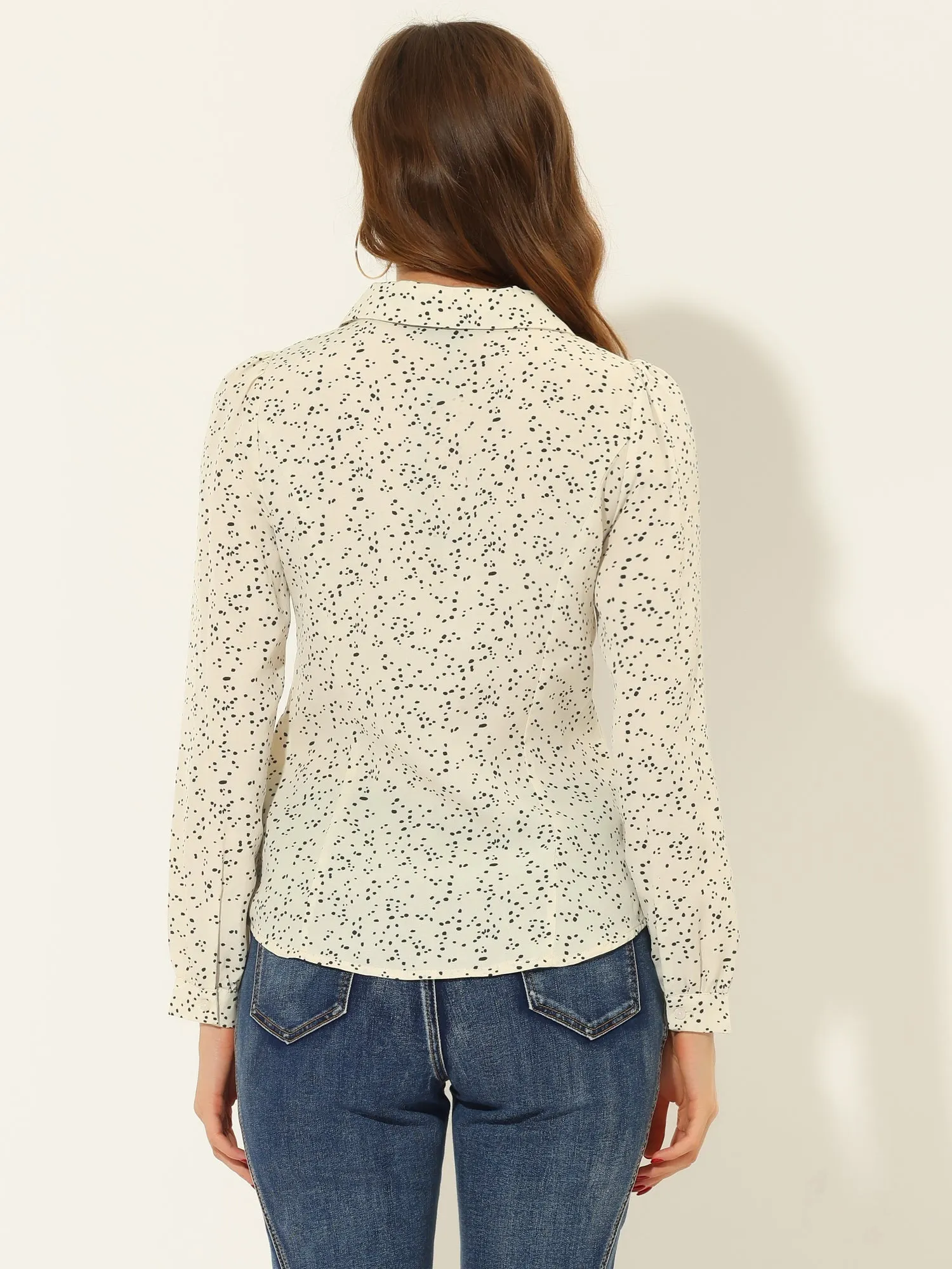 Peter Pan Collar Dots Bow Tie Neck Puff Sleeve Button Blouse sold by Allegra K product image thumbnail 3