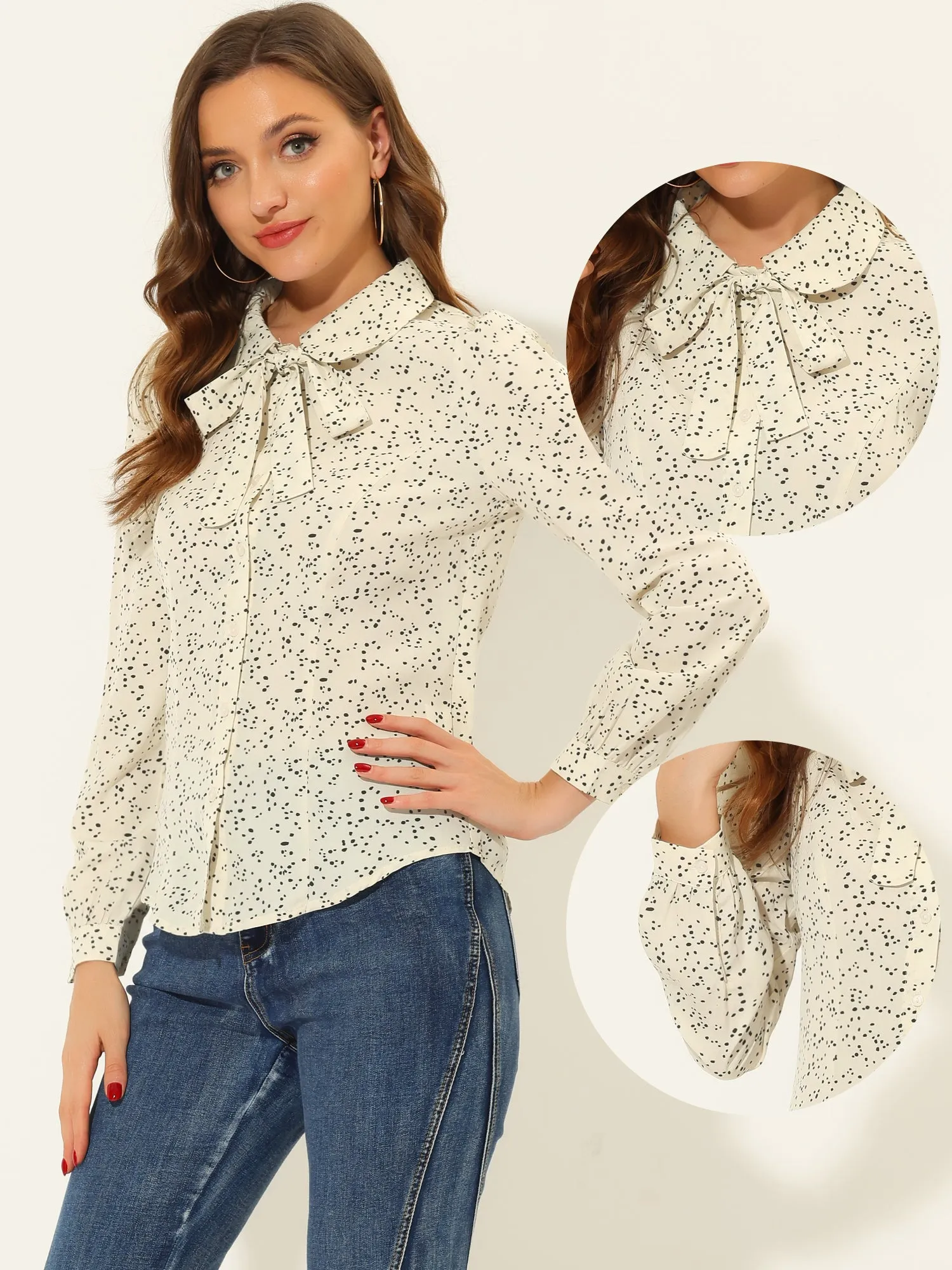 Peter Pan Collar Dots Bow Tie Neck Puff Sleeve Button Blouse sold by Allegra K product image thumbnail 2