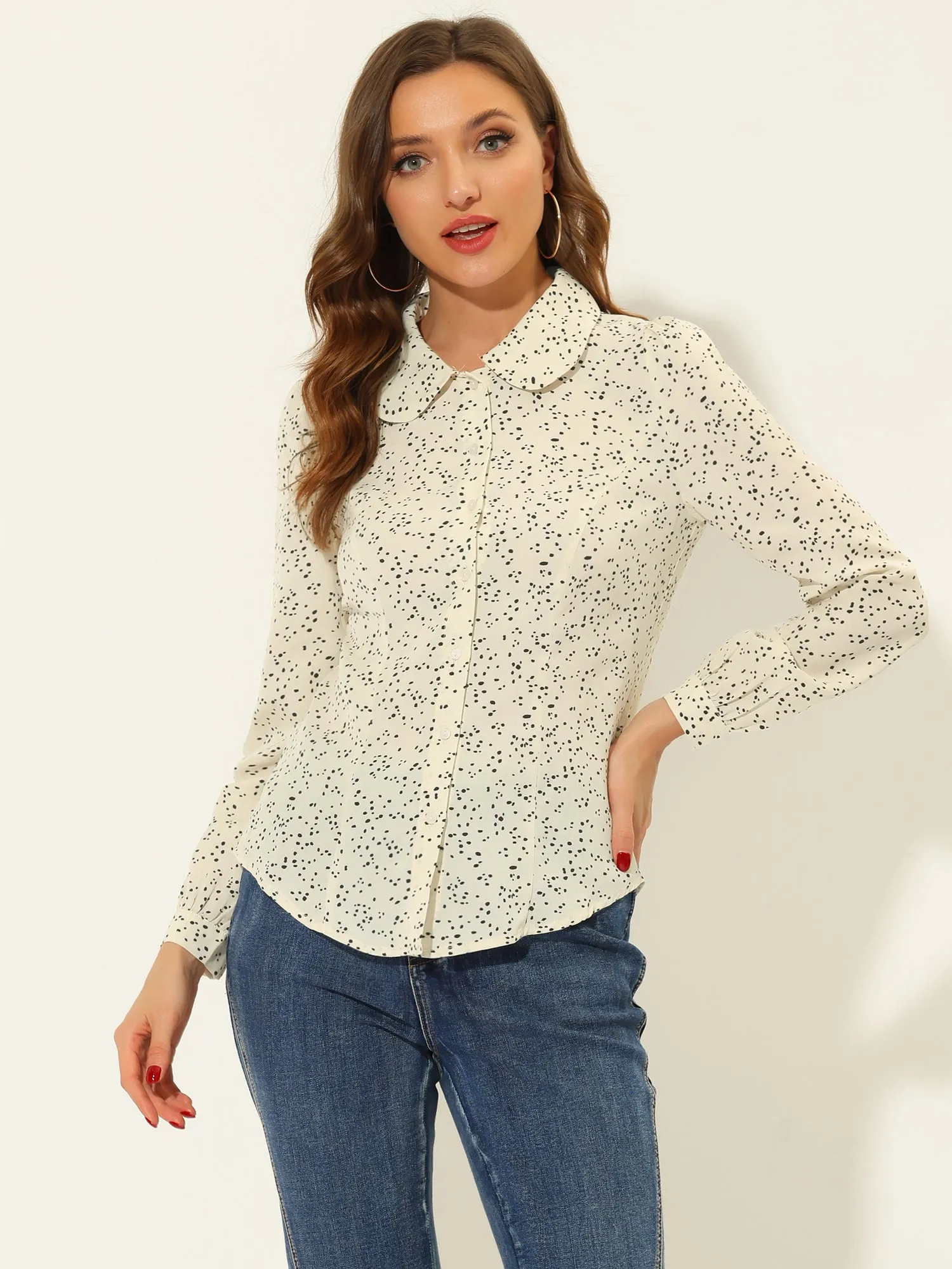 Peter Pan Collar Dots Bow Tie Neck Puff Sleeve Button Blouse sold by Allegra K