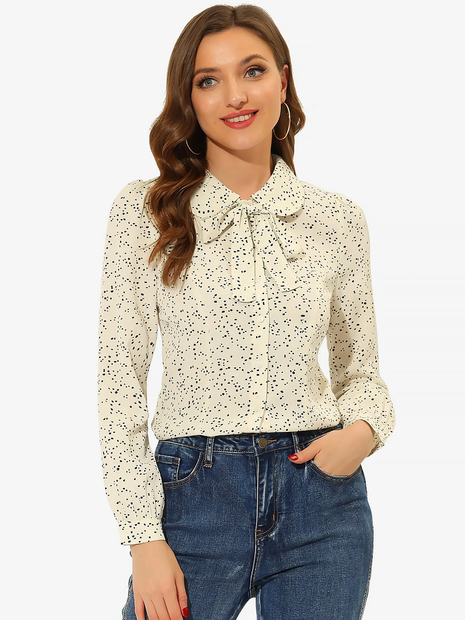 Peter Pan Collar Dots Bow Tie Neck Puff Sleeve Button Blouse sold by Allegra K product image thumbnail 4