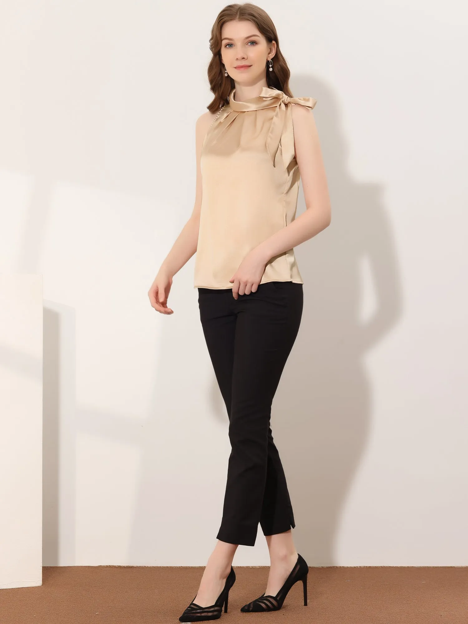 Elegant Satin Sleeveless Tie Knot Mock Neck Solid Work Blouse Top sold by Allegra K product image thumbnail 5