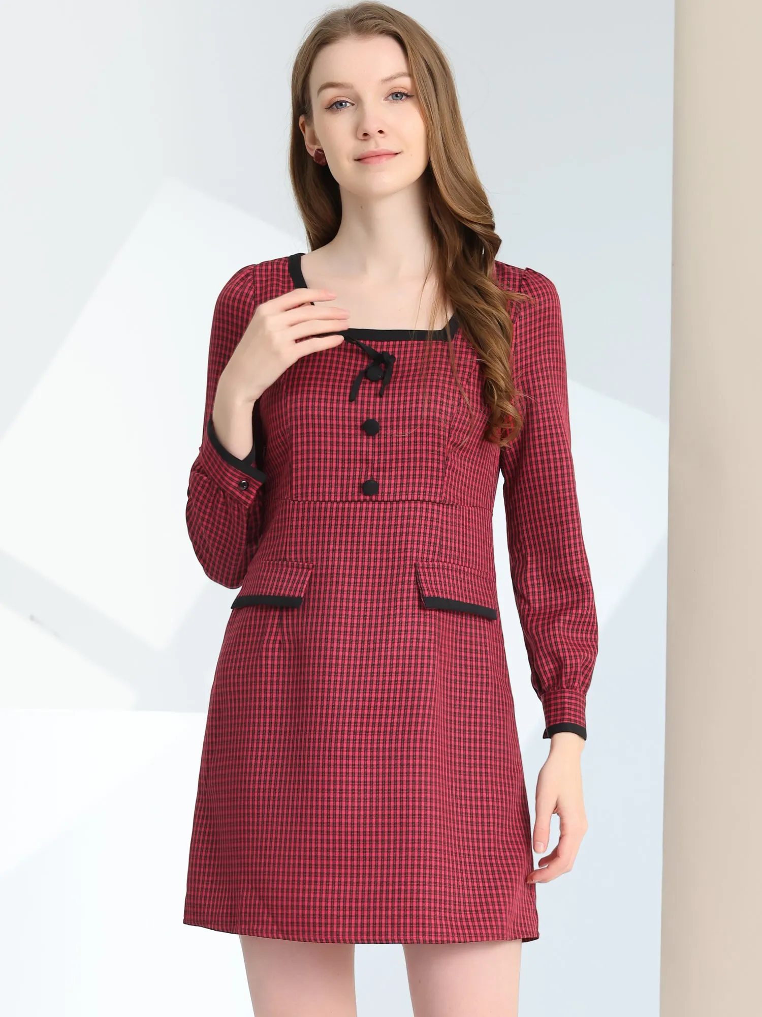 Contrast Trim Bow Tie Square Neck Puff Long Sleeve Plaid Mini Dress sold by Allegra K product image thumbnail 2