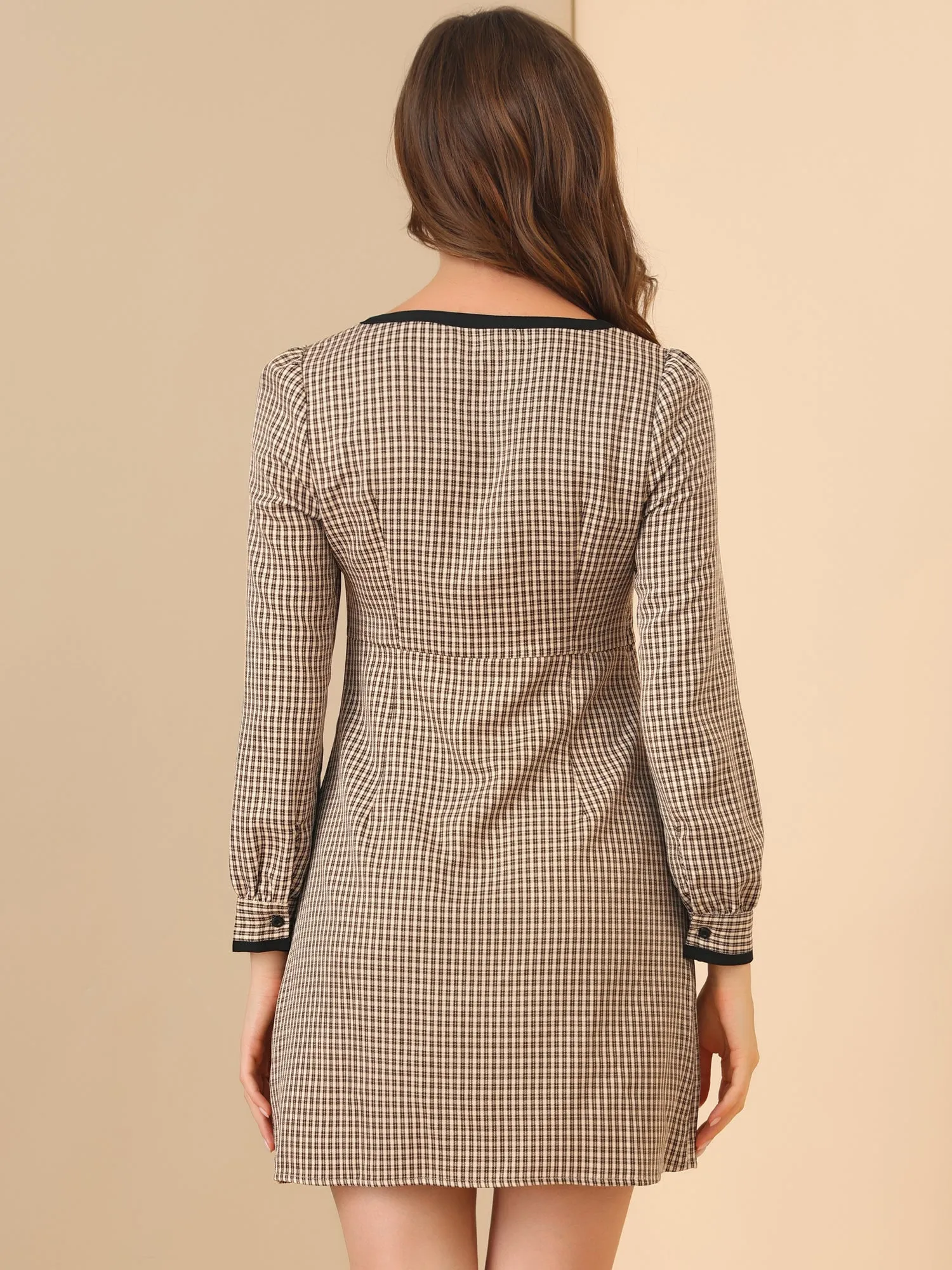 Contrast Trim Bow Tie Square Neck Puff Long Sleeve Plaid Mini Dress sold by Allegra K product image thumbnail 5