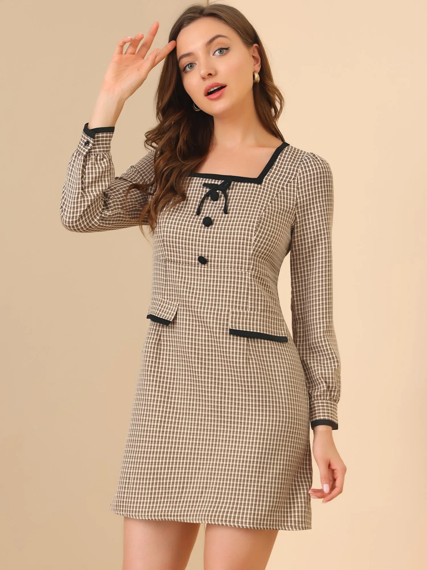 Contrast Trim Bow Tie Square Neck Puff Long Sleeve Plaid Mini Dress sold by Allegra K product image thumbnail 3