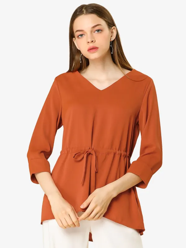 Elegant Tunic Blouse 3/4 Sleeve V Neck Drawstring Waist Top sold by Allegra K