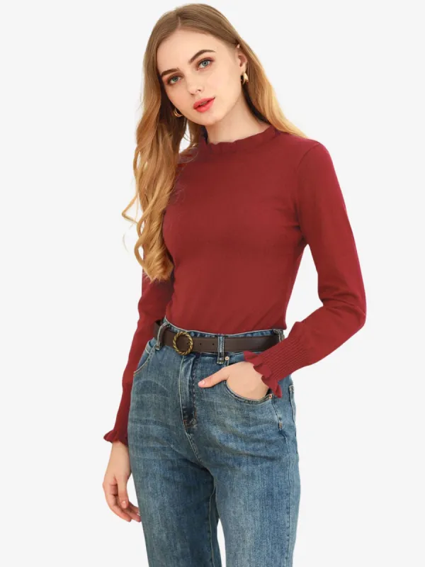 Ruffled Mock Neck Bishop Sleeve Vintage Pullover Knit Sweater Tops sold by Allegra K