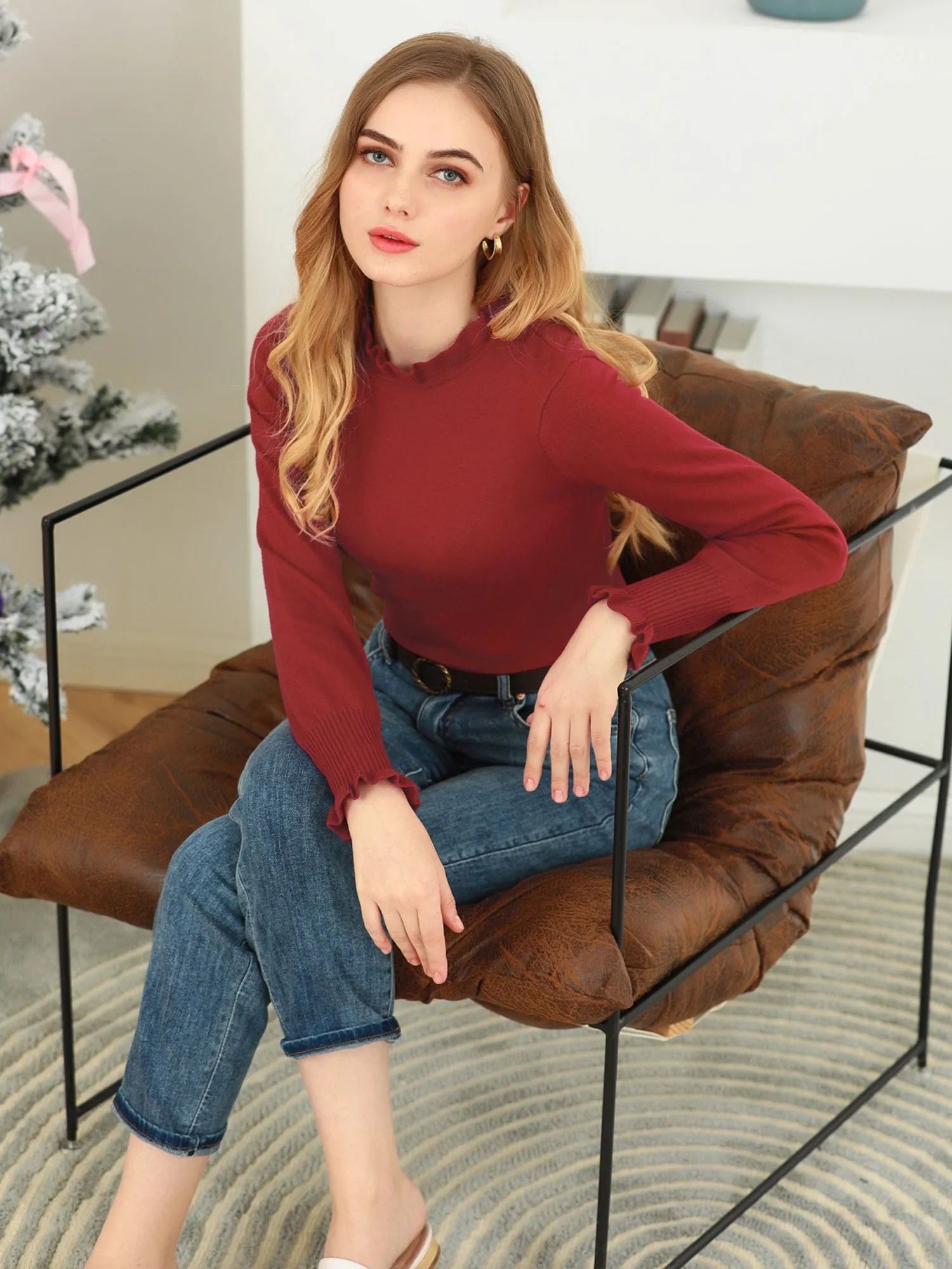 Ruffled Mock Neck Bishop Sleeve Vintage Pullover Knit Sweater Tops sold by Allegra K product image thumbnail 3