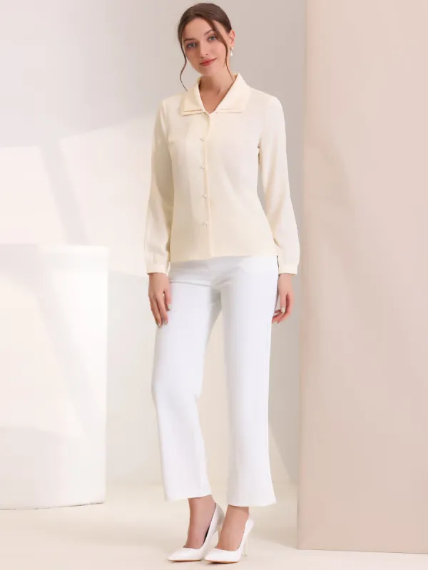 Elegant Blouse Office Double Collar Beaded Pearl Button-Up Shirt sold by Allegra K