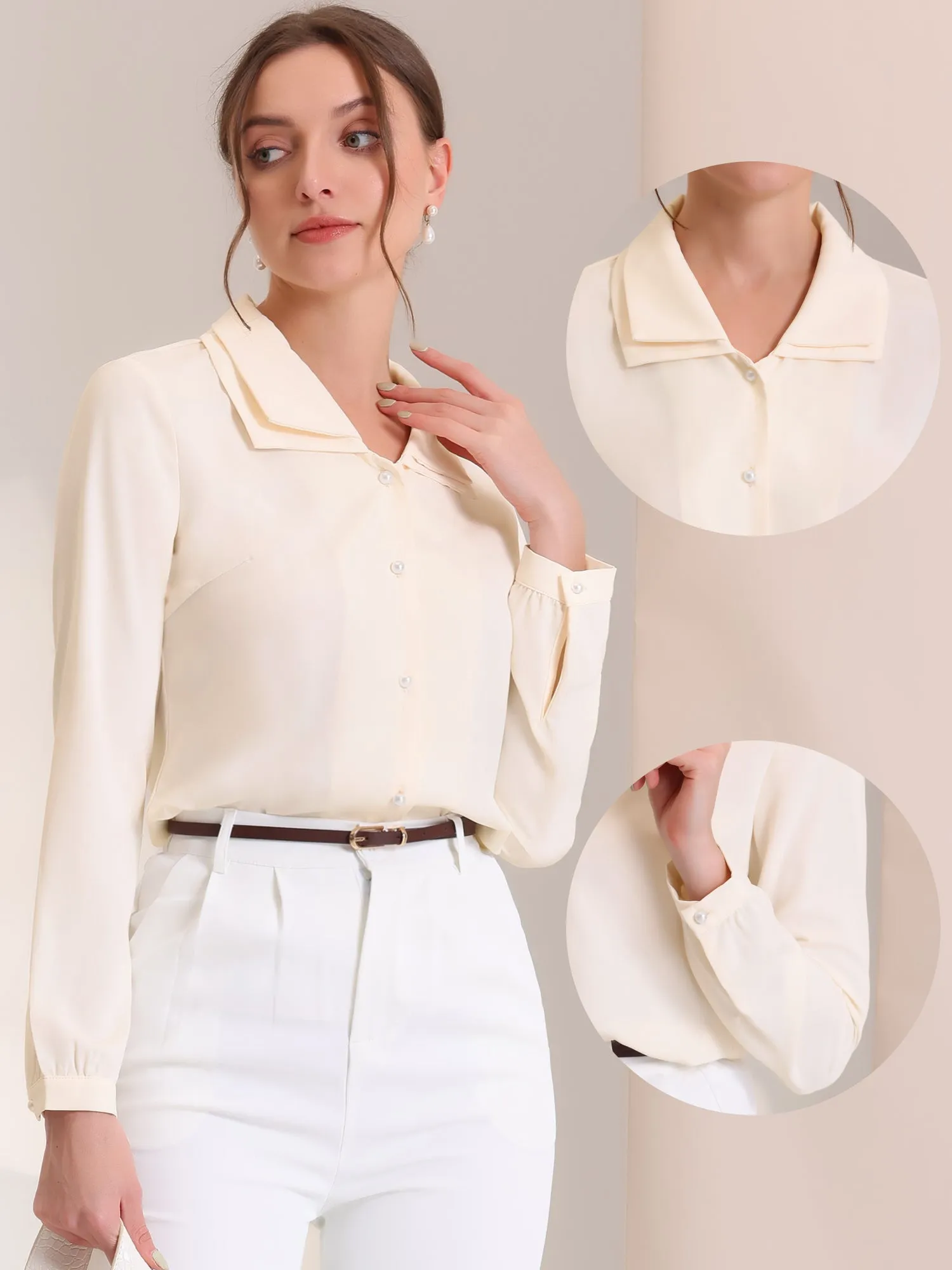 Elegant Blouse Office Double Collar Beaded Pearl Button-Up Shirt sold by Allegra K product image thumbnail 2