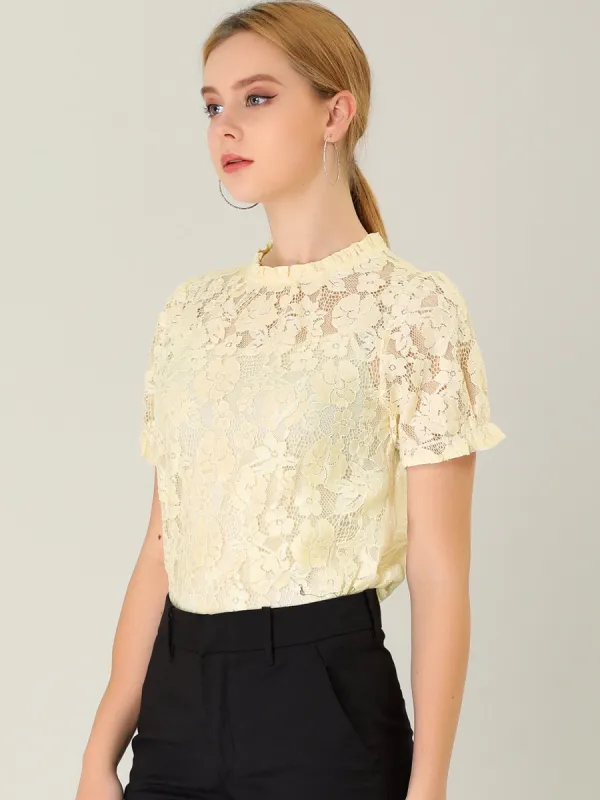 Puff Short Sleeve Ruffle Neck See-Through Floral Lace Top sold by Allegra K