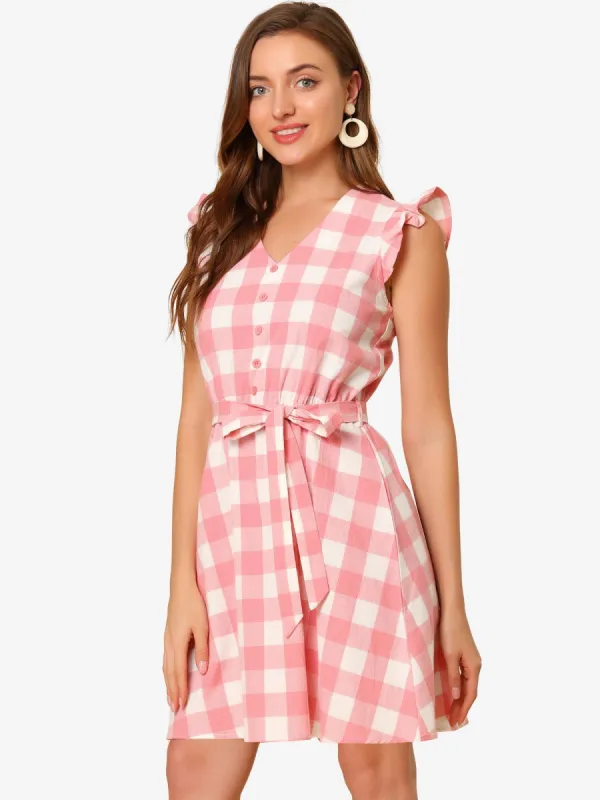 Casual Plaids Ruffled Sleeve A-Line Gingham Check Dress sold by Allegra K