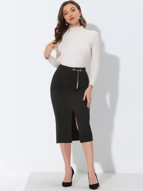 High Waist Faux Suede Belted Split Hem Bodycon Pencil Skirt sold by Allegra K