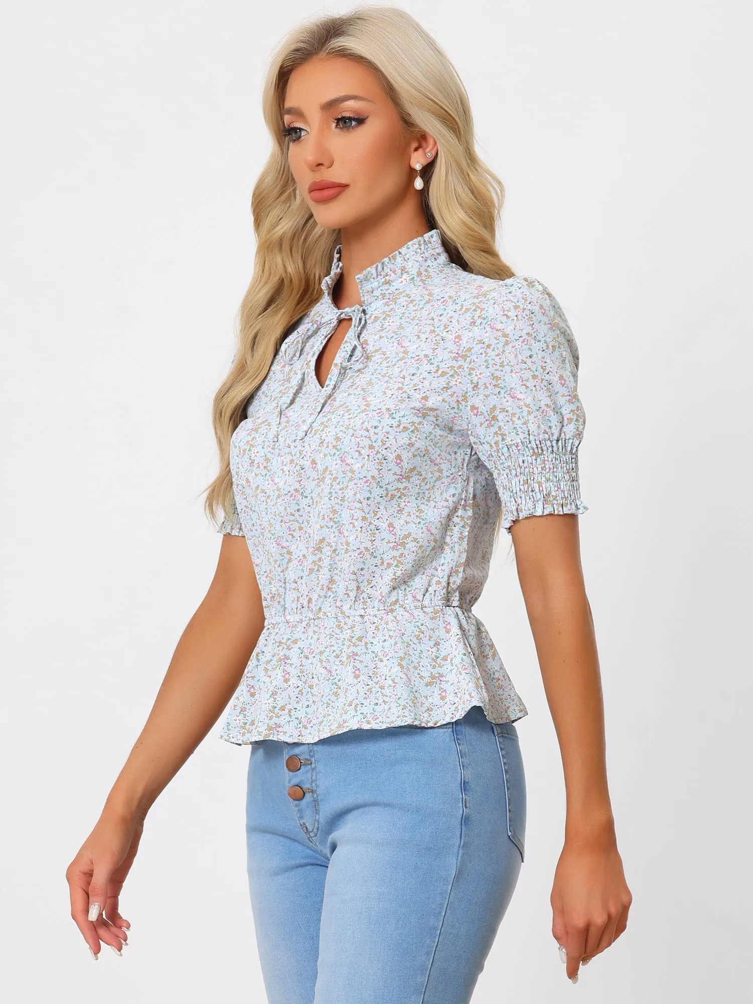 Floral Summer Ruffle Neck Lace-Up Short Shirred Sleeve Peplum Blouse sold by Allegra K
