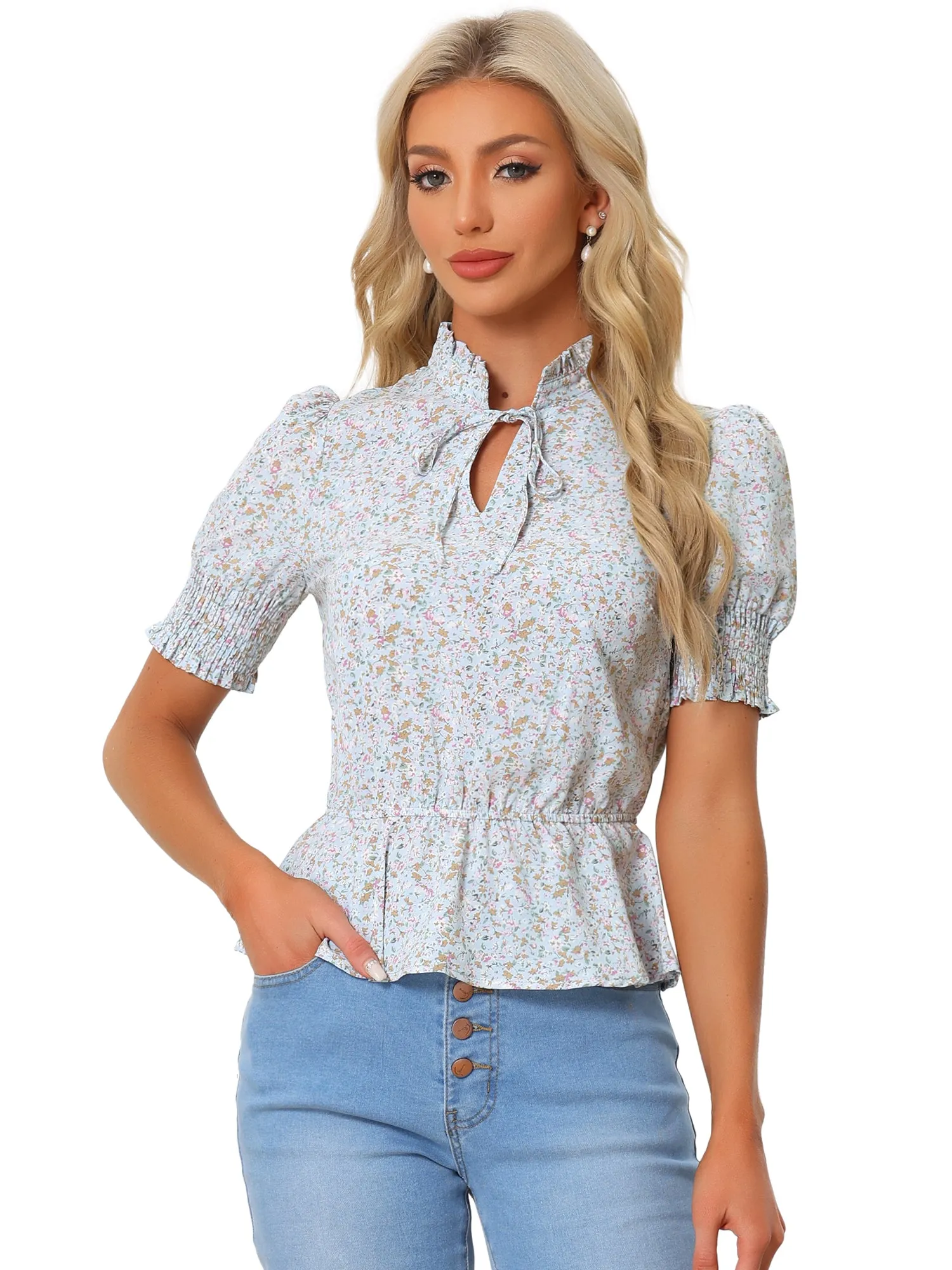 Floral Summer Ruffle Neck Lace-Up Short Shirred Sleeve Peplum Blouse sold by Allegra K product image thumbnail 4
