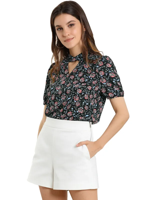 Floral Print Stand Collar Keyhole Short Sleeve Blouse sold by Allegra K