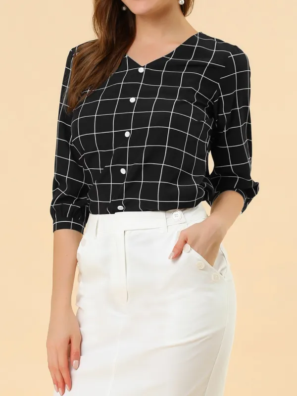 Check Tops V Neck Blouse Summer 3/4 Sleeve Work Plaid Shirt sold by Allegra K