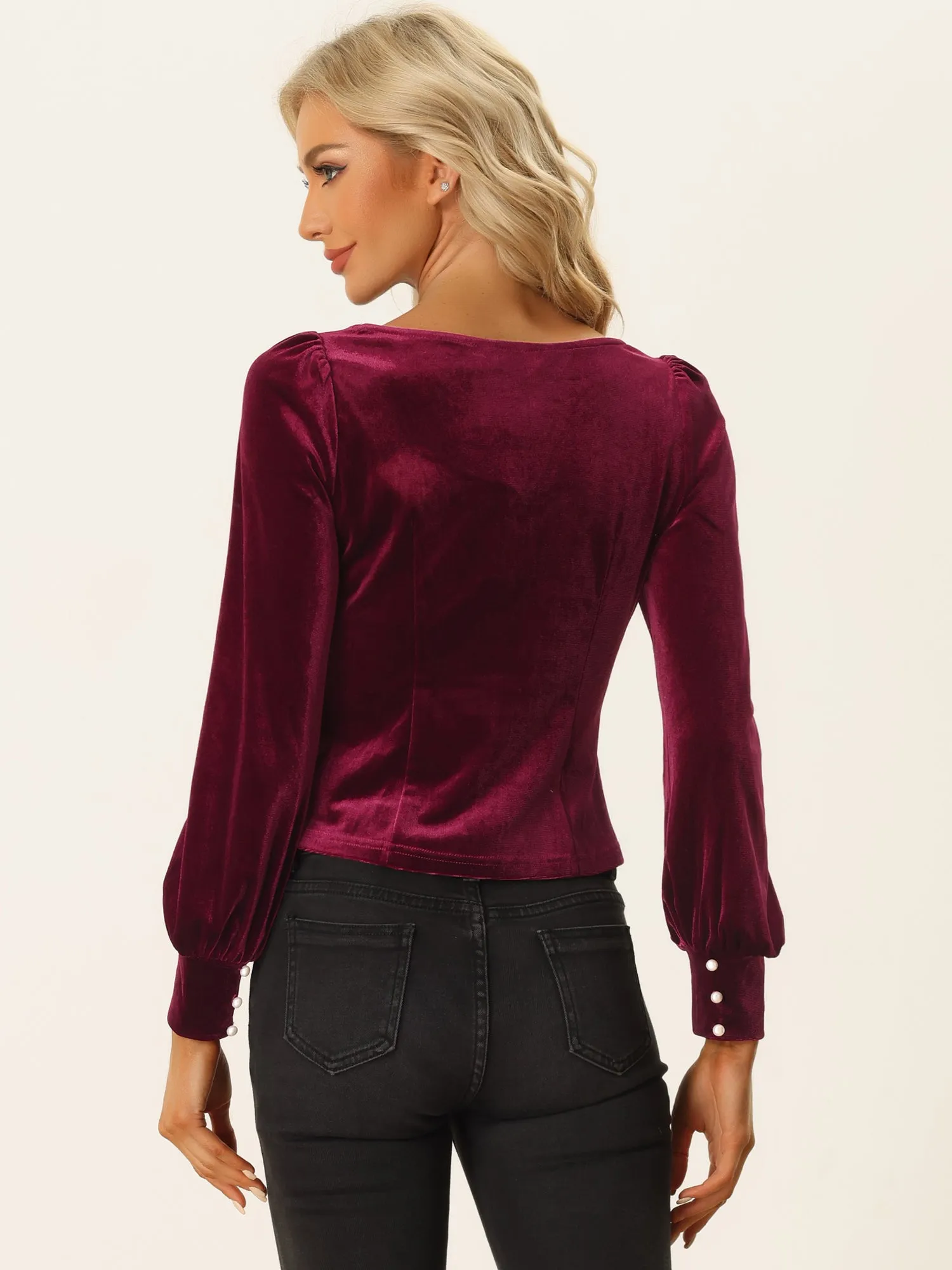 Vintage Velvet Top Sweetheart Neck Cinched Waist Casual Blouse sold by Allegra K product image thumbnail 3