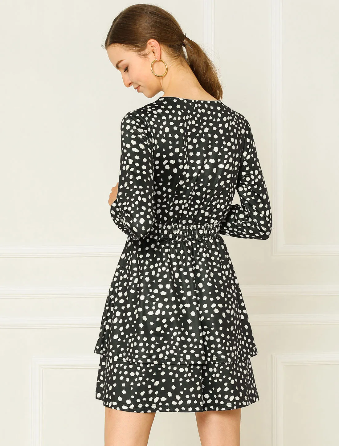 Leopard Print Round Neck Smock Waist Long Sleeve Ruffle Mini Dress sold by Allegra K product image thumbnail 4