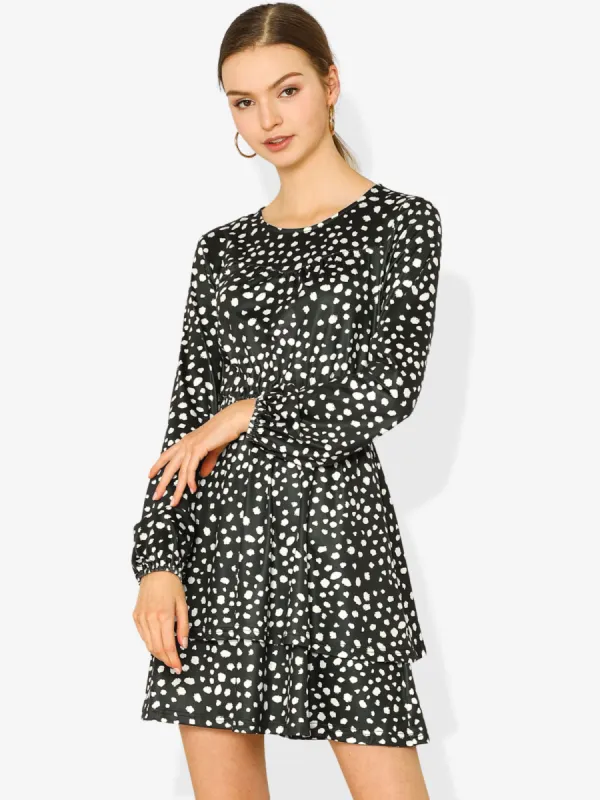 Leopard Print Round Neck Smock Waist Long Sleeve Ruffle Mini Dress sold by Allegra K