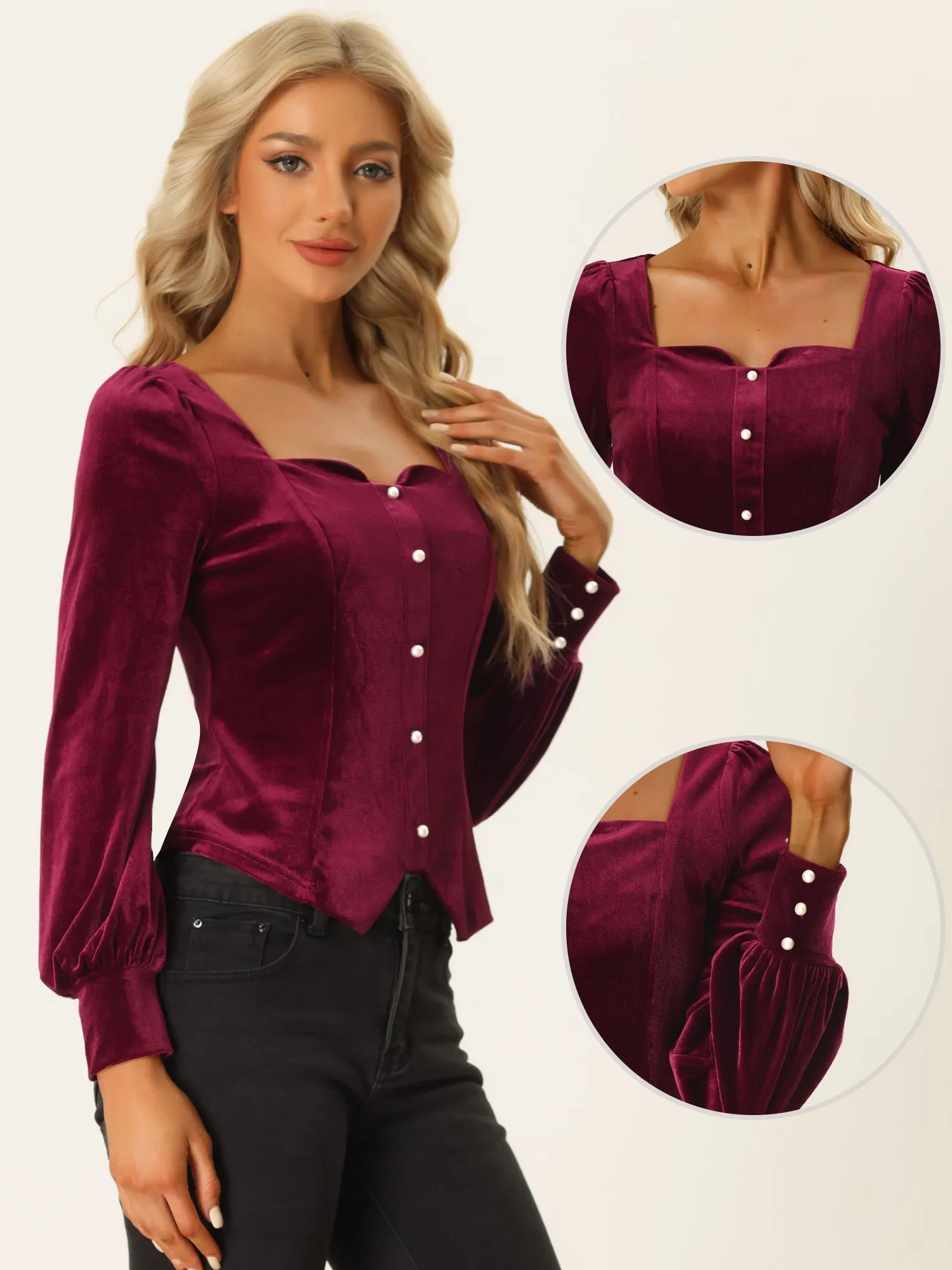 Vintage Velvet Top Sweetheart Neck Cinched Waist Casual Blouse sold by Allegra K product image thumbnail 2